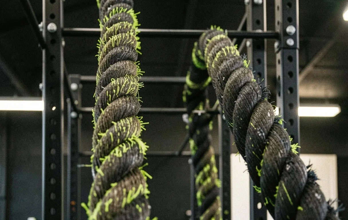 Textured photo of heavy-duty battling ropes used in fitness training